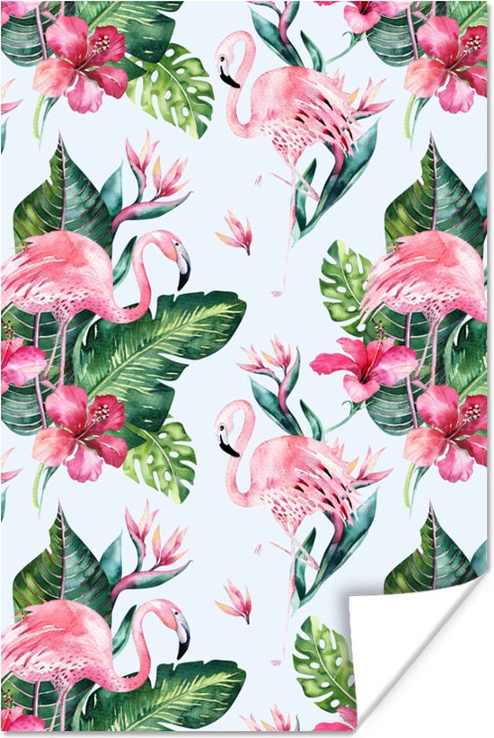 Patroon van flamingo's en bladeren en bloemen tegen een lichtblauwe achtergrond 20x30 cm - klein - Foto print op Poster (wanddecoratie woonkamer / slaapkamer)