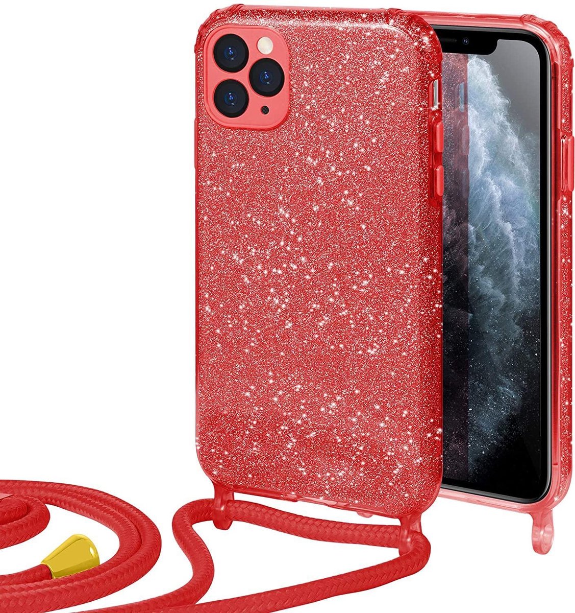 HB Hoesje Geschikt voor Apple iPhone 12 / 12 Pro - Rood - Glitter Back Cover met Koord