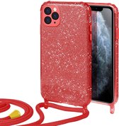 HB Hoesje Geschikt voor Apple iPhone 12 & 12 Pro Rood - Glitter Back Cover met Koord