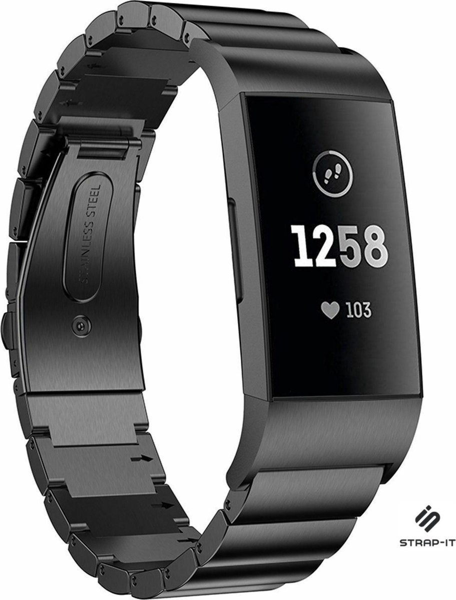 Strap-it Luxe metalen bandje - geschikt voor Fitbit Charge 3 / Fitbit Charge 4 - zwart