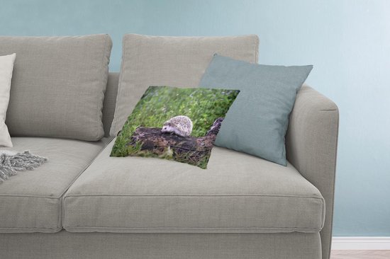 Sierkussen Hérisson pour l'intérieur - Hérisson sur souche d'arbre - 50x30 cm - Coussin intérieur rectangulaire en coton