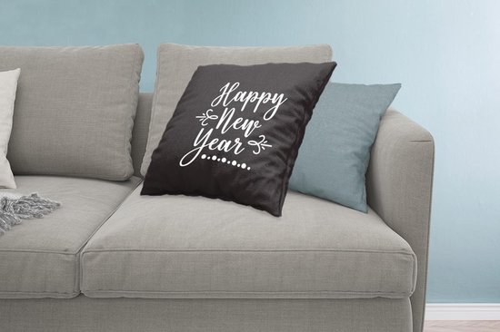 Sierkussen décoratif Citations du Nouvel An pour l'intérieur - Citation du Nouvel An ``Happy année '' - décoration murale noir - 60x60 cm - coussin intérieur carré en coton