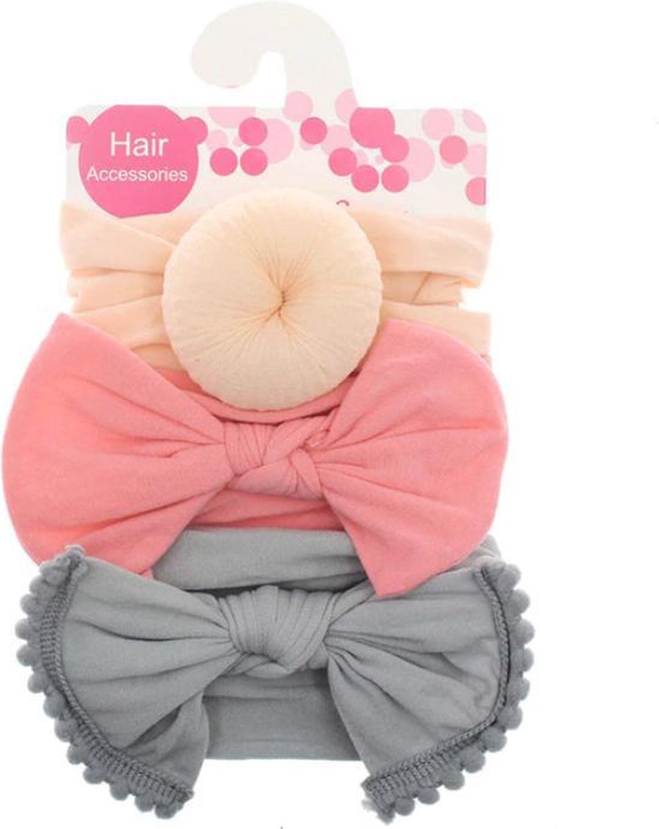 Fiory Baby Haarbandjes | Diadeem | Haarband | Haarband met Strik | Haarband met bol| set 3 stuks | warm wit-roze-grijs