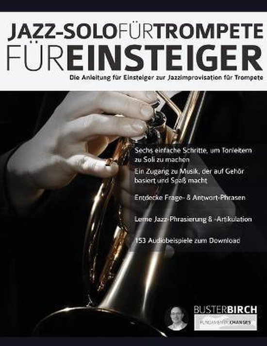 Boek "Jazz-Solo für Trompete für Einsteiger". Hand met trompet, met tekst.