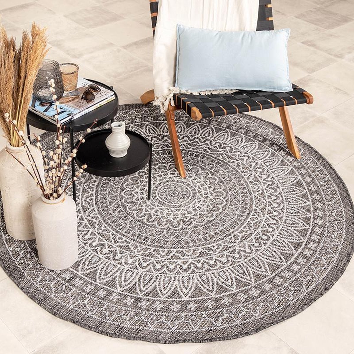 Fraai Rond Buitenkleed - Summer Azteca Grijs - Ø 240cm