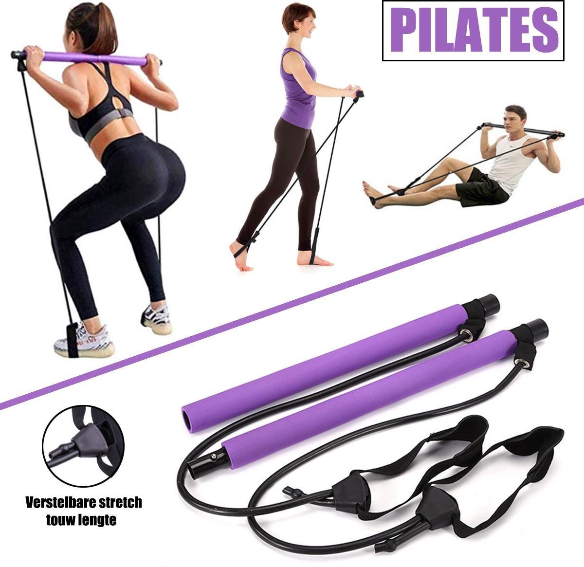 Relaxdays Pilates Bar with Resistance Bands, Full Body Workout for at Home,  Fitness Band, Training Bar, Portable, Blue
