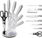 Royal Swiss - Couteaux de cuisine avec porte-couteau - Ensemble de couteaux Bloc en acier inoxydable de 8 pièces, couteau de chef professionnel en acier inoxydable, avec affûteur, ciseaux et porte-couteau - Argent