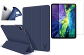 Hoes geschikt voor iPad Pro 2021 11 inch - Screenprotector GlassGuard - Trifold Book Case Leer Tablet Hoesje Blauw