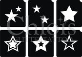 Chloïs Glittertattoo Sjabloon - Stars - Multi Stencil - CH9409 - 1 stuks zelfklevend sjabloon met 6 kleine designs in verpakking - Geschikt voor 6 Tattoos - Nep Tattoo - Geschikt voor Glitter Tattoo, Inkt Tattoo of Airbrush