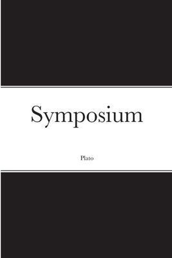Boek "Symposium" van Plato op een witte band met zwarte boven- en onderkant.