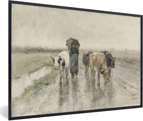 Fotolijst incl. Poster - Een boerin met koeien op een landweg in de regen - Schilderij van Anton Mauve - 90x60 cm - Posterlijst