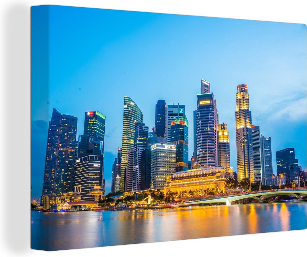 Canvas Schilderijen Singapore - Skyline -Licht - 140x90 cm - Wanddecoratie