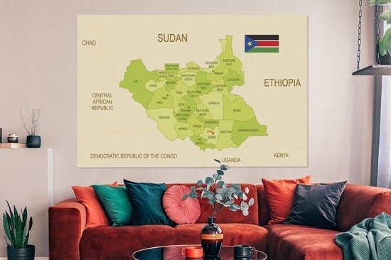 Une illustration d'une carte verte du Soudan du Sud 180x120 cm - Tirage photo sur toile (Décoration murale salon / chambre) XXL / Groot format!