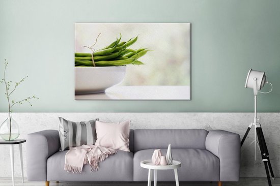 Haricots verts attachés ensemble dans un plat blanc Toile 120x80 cm - Tirage photo sur toile (Décoration murale salon / chambre)