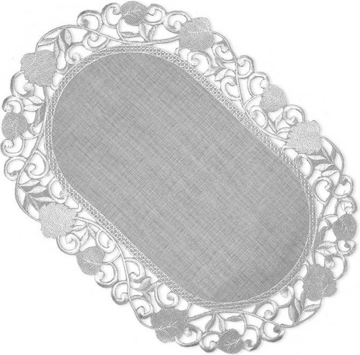 Tafelkleed - Linnenlook - licht Grijs met blaadjes - Loper 35 cm
