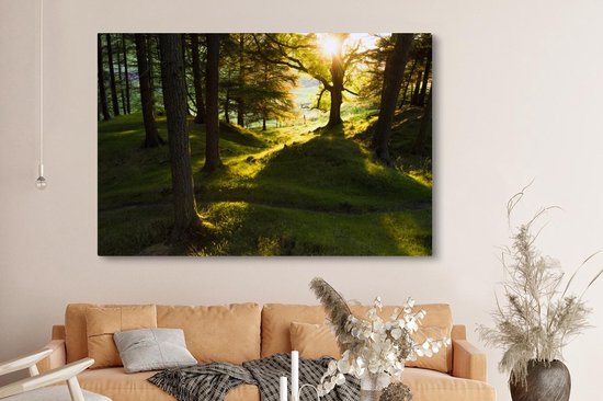 Soleil brisant à travers les forêts du parc national de Peak District Toile 180x120 cm - Tirage photo sur toile (Décoration murale salon / chambre) XXL / Groot format!