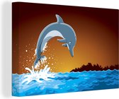 Canvas Schilderij Dolfijn - Water - Zonsondergang - 90x60 cm - Wanddecoratie