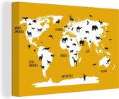 Canvas Wereldkaart - 60x40 - Wanddecoratie Wereldkaart Kinderen - Dieren - Geel