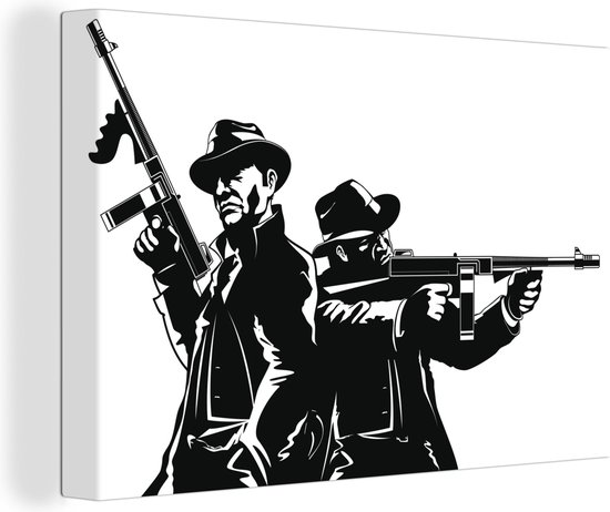 Canvas schilderij 140x90 cm - Wanddecoratie Illustratie van twee leden van de maffia met wapens in zwart-wit - Muurdecoratie woonkamer - Slaapkamer decoratie - Kamer accessoires - Schilderijen