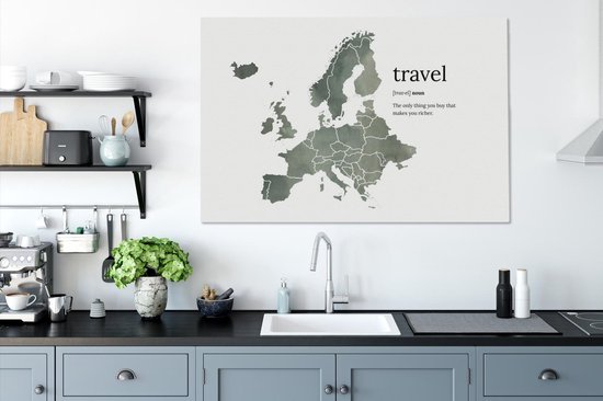 Carte de l'Europe en aquarelle grise avec le mot travel et description du dictionnaire inventé 120x80 cm - Tirage photo sur toile (Décoration murale salon / chambre)