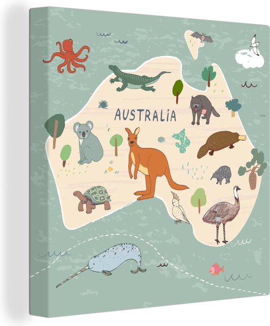 Carte de l'Australie avec des animaux en vert 50x50 cm - Tirage photo sur toile (Décoration murale salon / chambre) / Peintures sur toile Animaux