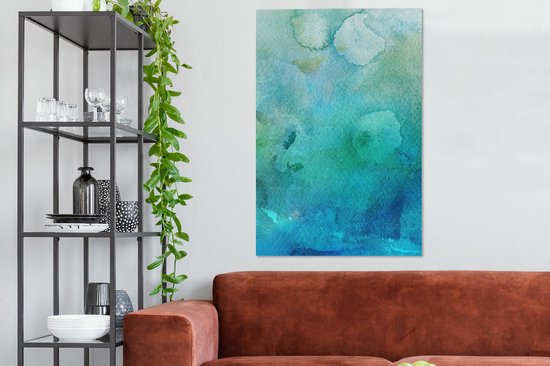 Oeuvre abstraite réalisée à l'aquarelle et aux couleurs bleues et vertes 90x140 cm - Tirage photo sur toile (Décoration murale salon / chambre)
