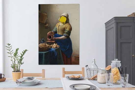 Traité du vieux maître Johannes Vermeer avec une goutte de peinture jaune 90x140 cm - Tirage photo sur toile (Décoration murale salon / chambre)