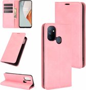 Voor OnePlus Nord N100 retro-skin zakelijke magnetische zuignap lederen hoes met houder & kaartsleuven en portemonnee (roze)