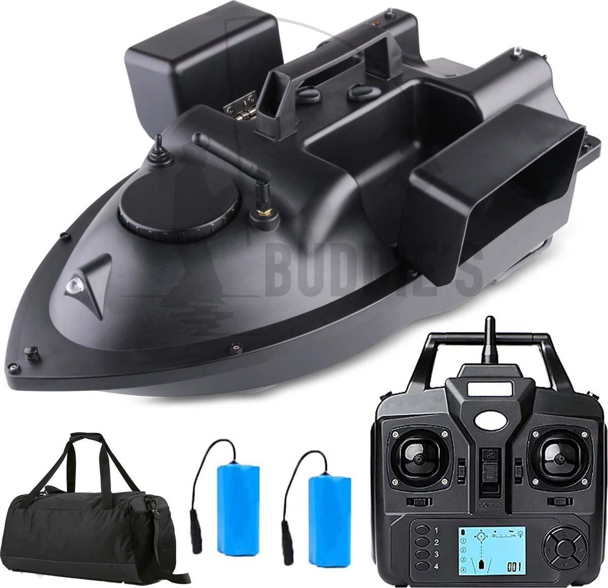 Buddie's GPS Voerboot Incl. Tas en 2 Batterijen - 500M bereik - 3 Voerbakken - Hook release - Afs