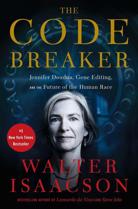 Boekhoes van 'The Code Breaker' met portret van Jennifer Doudna. 'New York Times Bestseller'.