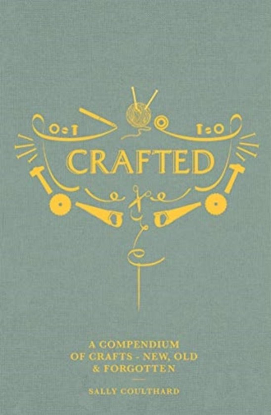 Boekomslag 'Crafted' met gouden ambachtelijke illustraties en titel op een groenblauwe achtergrond.
