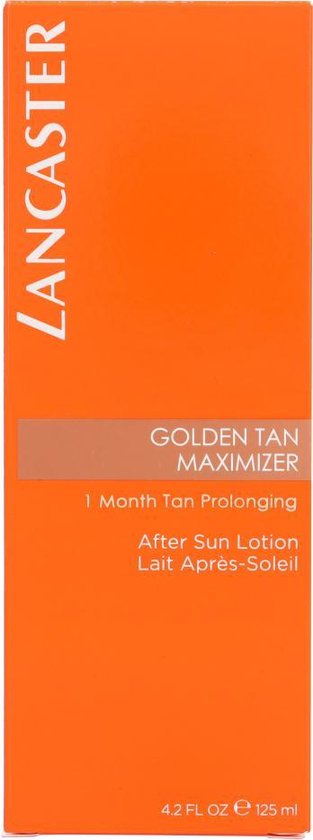 Lancaster Golden Tan Maximizer After Sun Lotion oranje kartonnen verpakking met tekst.