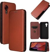 Voor Samsung Galaxy Xcover 5 Carbon Fiber Texture Magnetische Horizontale Flip TPU + PC + PU Leather Case met Card Slot (Brown)