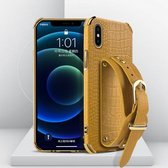 Gegalvaniseerde TPU-lederen tas met krokodillenpatroon met polsband voor iPhone XS / X (geel)