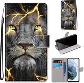 Voor Samsung Galaxy S21 FE Gekleurde Tekening Cross Textuur Horizontale Flip PU Lederen Case met Houder & Kaartsleuven & Portemonnee & Lanyard (Fission Lion)