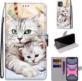 Gekleurde tekening Cross Texture Horizontale Flip PU lederen tas met houder & kaartsleuven & portemonnee & lanyard voor iPhone 11 (Big Cat Holding Kitten)
