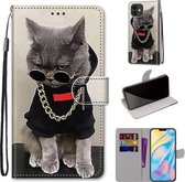 Gekleurde tekening Cross Texture Horizontale Flip PU lederen tas met houder & kaartsleuven & portemonnee & lanyard voor iPhone 12 mini (B09 Golden Chain Grey Cat)