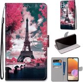 Voor Samsung Galaxy A32 4G / A32 Lite Gekleurde tekening Cross Texture Horizontale Flip PU lederen tas met houder & kaartsleuven & portemonnee & lanyard (Pink Flower Tower Bridge)