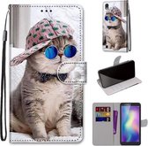 Voor ZTE Blade A5 2019 Gekleurde Tekening Cross Textuur Horizontale Flip PU Lederen Case met Houder & Kaartsleuven & Portemonnee & Lanyard (Slant Hat Blue Mirror Cat)