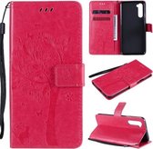 Voor OnePlus Nord Tree & Cat Pattern Pressed Printing Horizontale Flip PU lederen hoes met houder & kaartsleuven & portemonnee & lanyard (Rose Red)