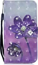 3D Diamond Encrusted Painting Pattern Gekleurde tekening Horizontale Flip PU lederen tas met houder & kaartsleuven & portemonnee voor Huawei Y5 (2018) / Y5 Prime (2018) (Purple Flower)