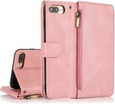 Skin-feel Crazy Horse Texture Rits Portemonnee Tas Horizontale Flip Leren Case met Houder & Kaartsleuven & Portemonnee & Lanyard Voor iPhone 8 Plus / 7 Plus (Rose Goud)