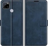 Retro Kalf Patroon Gesp Kaart Portemonnee Links en Rechts Flip Telefoon Holster met Beugel Functie Voor OPPO Realme C12 (Blauw)