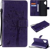 Voor Samsung Galaxy A32 5G Tree & Cat Pattern Pressed Printing Horizontale Flip PU Leather Case met houder & kaartsleuven & portemonnee & Lanyard (paars)
