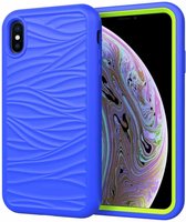 Voor iPhone XR golfpatroon 3 in 1 siliconen + pc schokbestendig beschermhoes (blauw + olivijn)