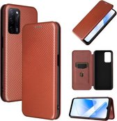 Voor OPPO A55 5G koolstofvezel textuur magnetische horizontale flip TPU + pc + PU lederen tas met kaartsleuf (bruin)