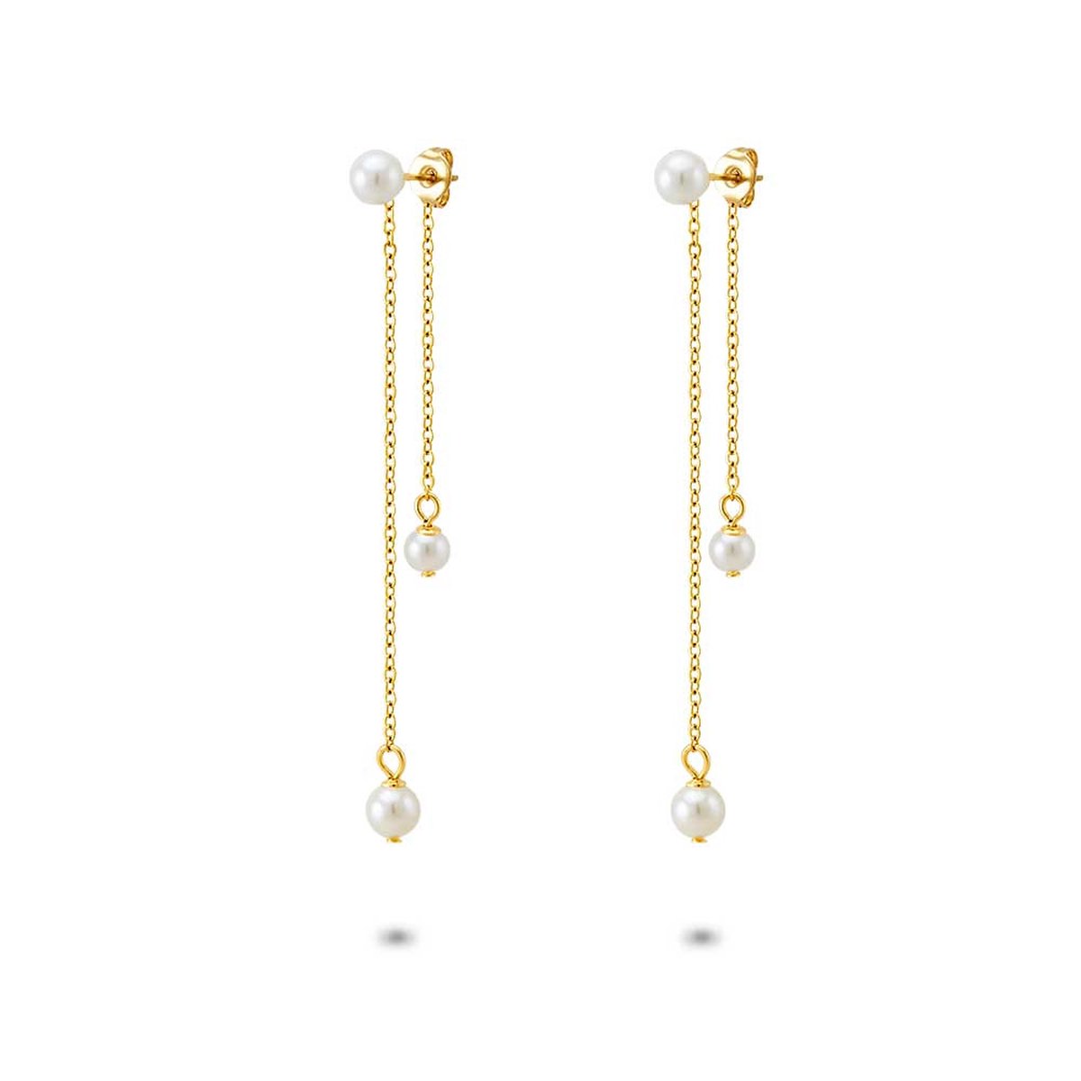 Twice As Nice Oorbellen in goudkleurig edelstaal, parels op dubbele ketting