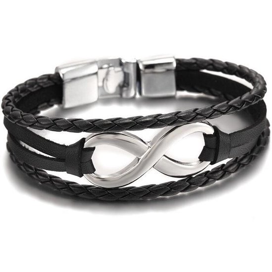 Leren Armband - Zwart Leer met Stalen Infinity Hanger - Leren Armbanden Heren Dames - Cadeau voor Man - Mannen Cadeautjes