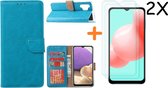 Hoesje Geschikt Voor Samsung Galaxy A32 hoesje bookcase Blauw Met screenprotector / 2X tempered glass