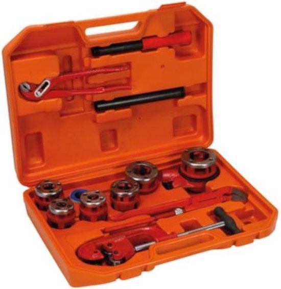 Toolland Draadsnijset, 12-delig, 1/2" - 3/8" - 3/8" - 3/4" - 1" - 1 1/4", ratelsleutel, buistang, buissnijder, waterpomptang, afdichtigstape, in koffer